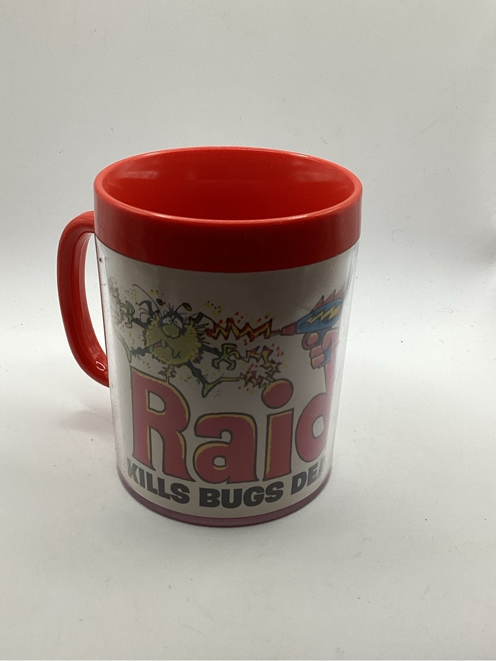 Vtg Raid Kills Bugs Dead Red Logo Plastic Coffee Mug